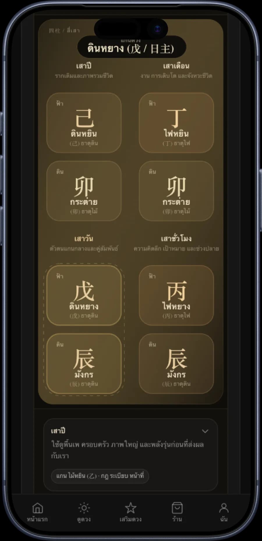 ตัวอย่างผังสี่เสาและคำอธิบายธาตุในผลปาจื้อ